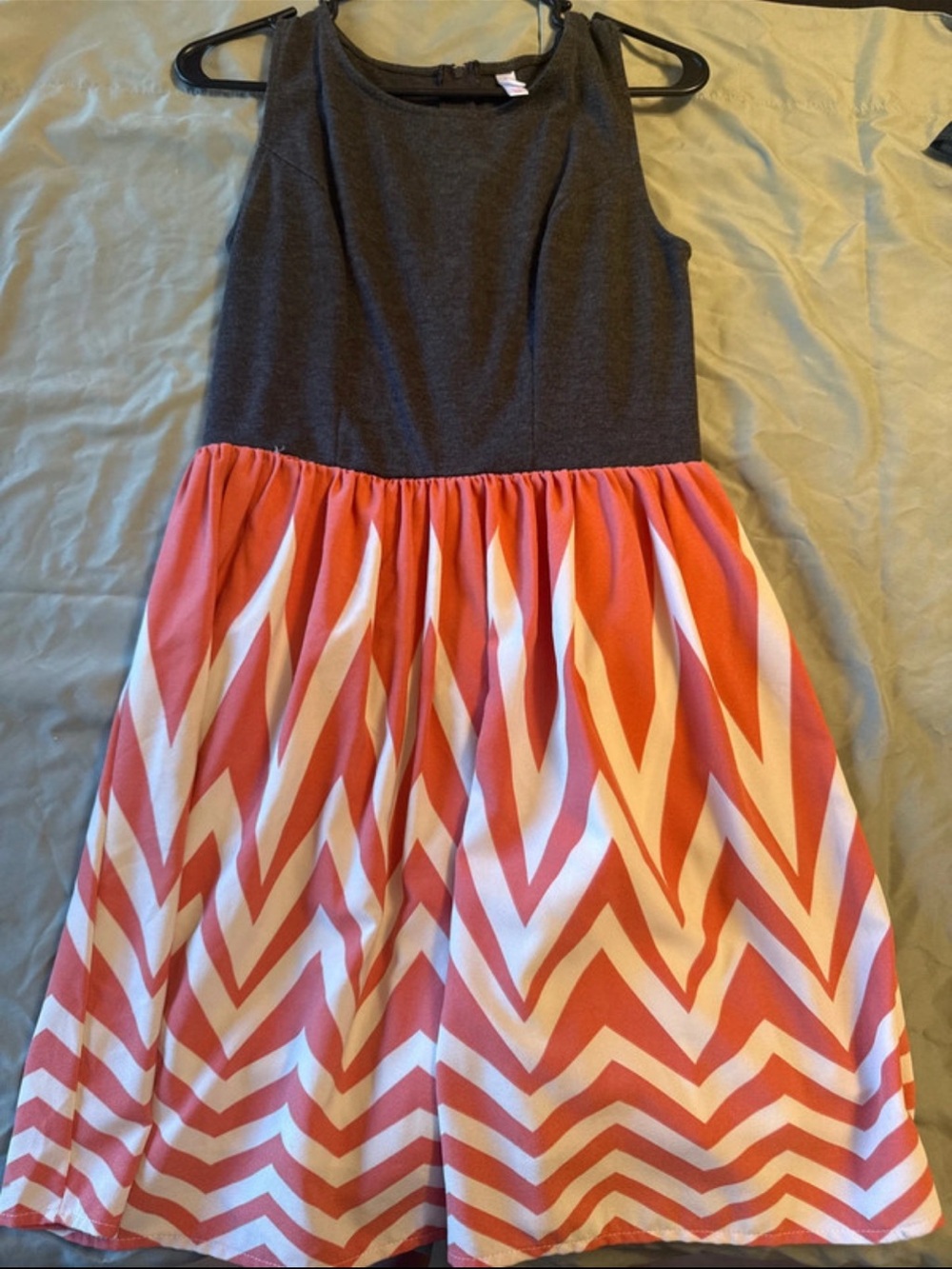Sleeveless Charcoal Top Dress with Coral and White Chevron Skirt